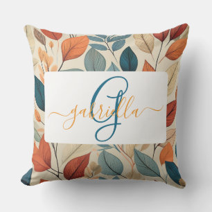 Vibrant Leaf Pattern with Name & Monogram Cushion