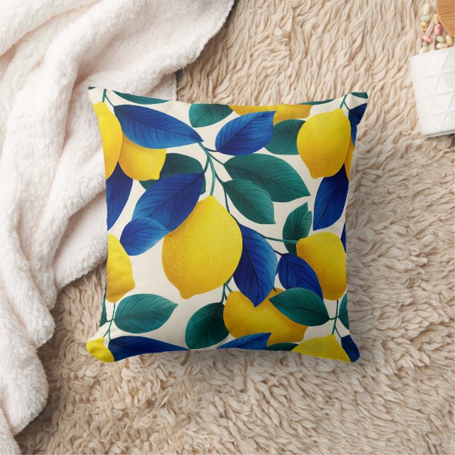 Vibrant Lemon & Blue Leaves Watercolor Pattern Cushion (Blanket)
