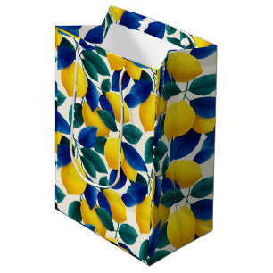 Vibrant Lemon & Blue Leaves Watercolor Pattern Medium Gift Bag