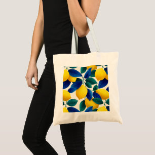 Vibrant Lemon & Blue Leaves Watercolor Pattern Tote Bag