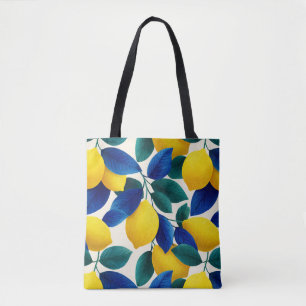 Vibrant Lemon & Blue Leaves Watercolor Pattern Tote Bag
