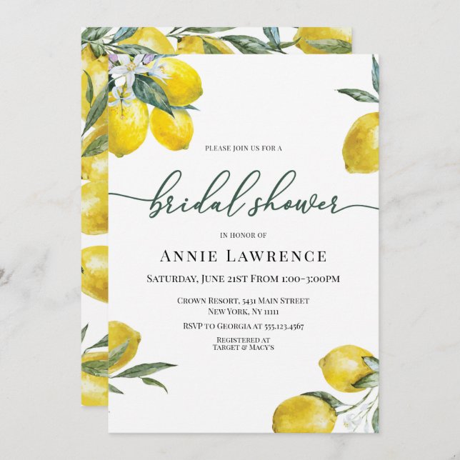 Vibrant Lemon Bridal Shower Invitations (Front/Back)