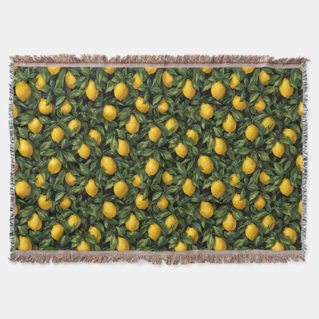 Vibrant Lemon Citrus Tree Pattern Throw Blanket (Front)