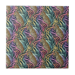 Vibrant Leopard & Rainbow Stripe Animal Print Art Ceramic Tile