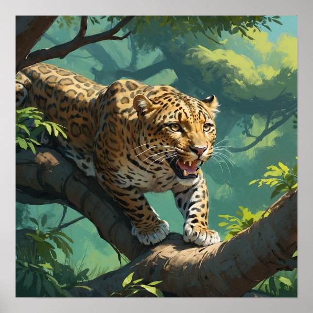 Vibrant Leopard Walking on Tree Branch Painting Poster (Front)