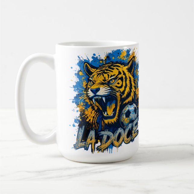 Vibrant "Less Is More" Abstract Graphic Coffee Mug (Left)