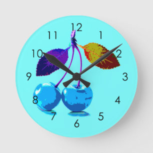 Vibrant light blue cherries round clock