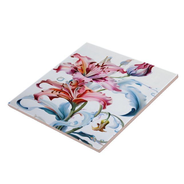 Vibrant Lilies in Bloom Against White Background Ceramic Tile (Side)