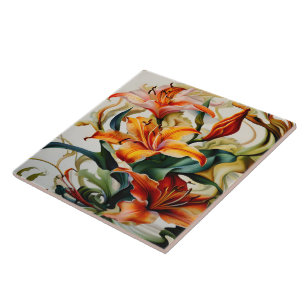 Vibrant Lilies in Colourful Abstract Design Ceramic Tile