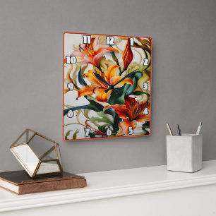 Vibrant Lilies in Colourful Abstract Design Square Wall Clock