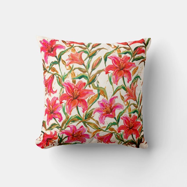 "Vibrant Lily Bloom: Impasto Floral Pattern" Cushion (Front)
