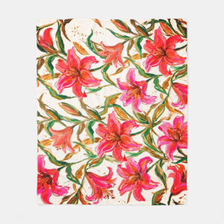 "Vibrant Lily Bloom: Impasto Floral Pattern" Fleece Blanket