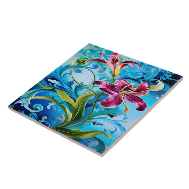 Vibrant Lily Blooms Against Blue Swirls Ceramic Tile (Side)