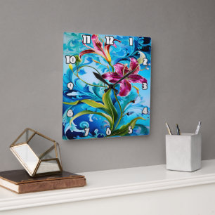 Vibrant Lily Blooms Against Blue Swirls Square Wall Clock