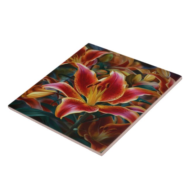 Vibrant Lily Blooms in a Garden at Dusk Ceramic Tile (Side)