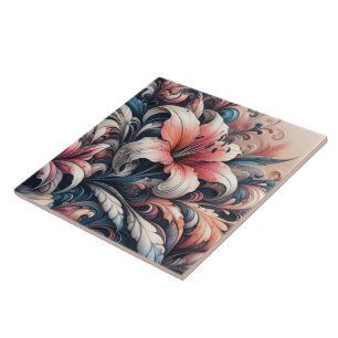 Vibrant Lily Blossoms With Intricate Swirls Ceramic Tile