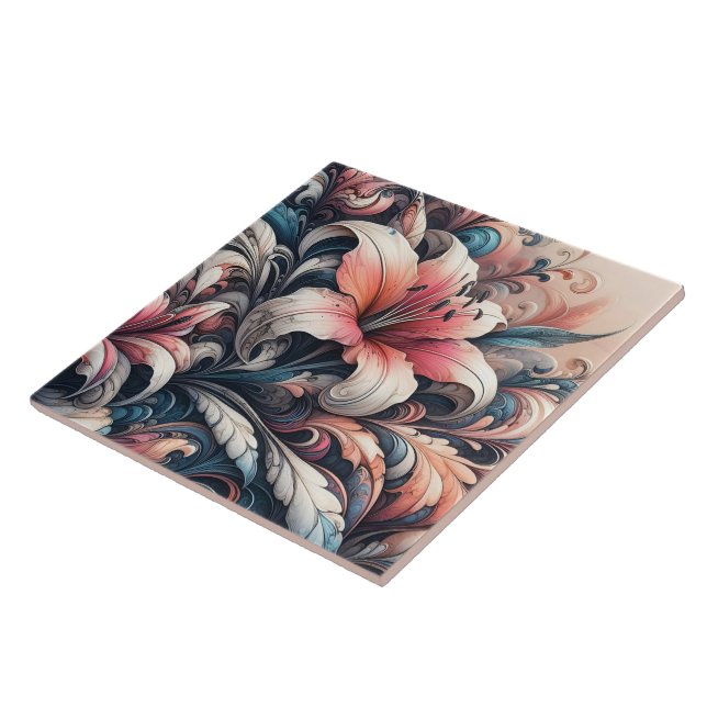 Vibrant Lily Blossoms With Intricate Swirls Ceramic Tile (Side)