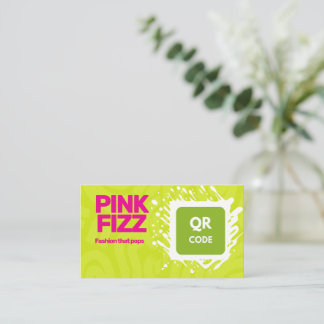 Vibrant Lime Green and Pink Typography QR Code  Business Card