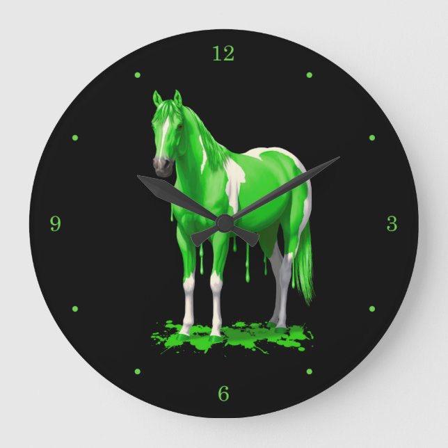 Vibrant Lime Green Dripping Wet Paint Horse Large Clock (Front)