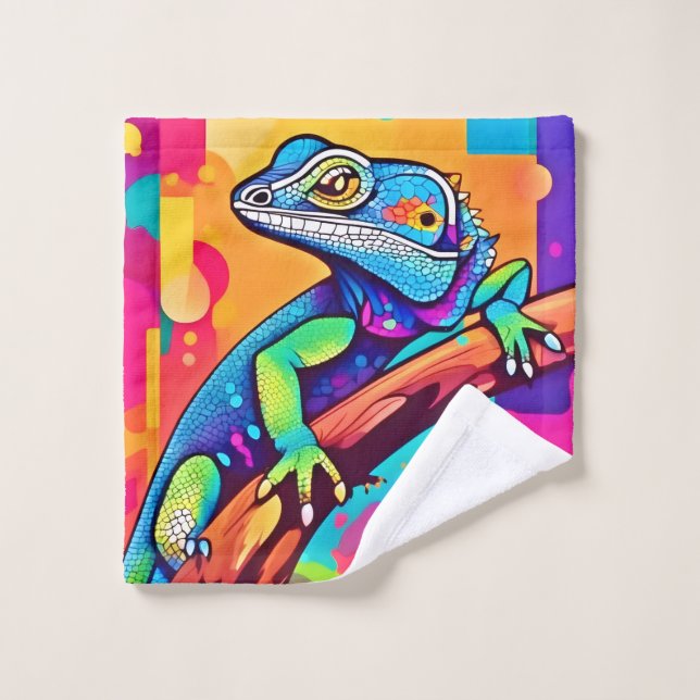Vibrant Lizard Artwork Bath Towel Set (Wash Cloth)