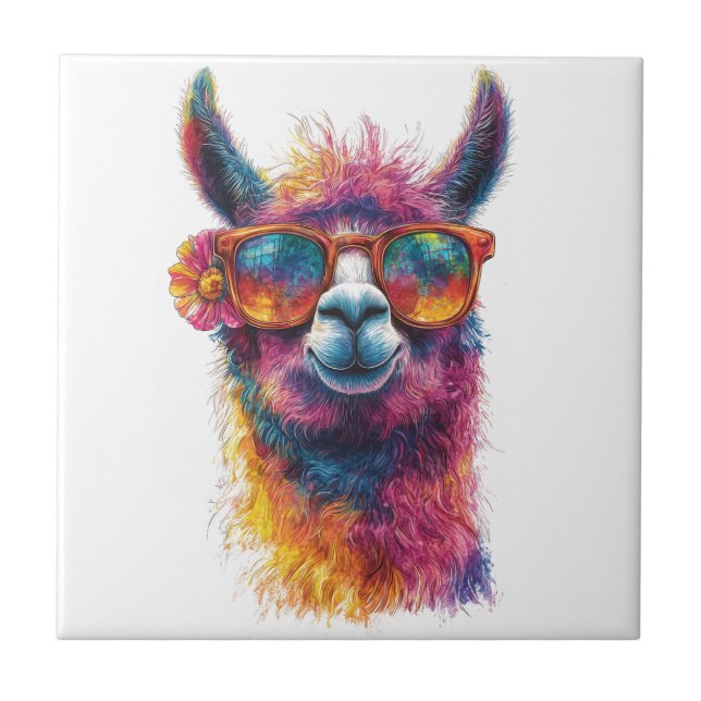 Vibrant Llama Head Illustration – Colorful, Unique Ceramic Tile (Front)