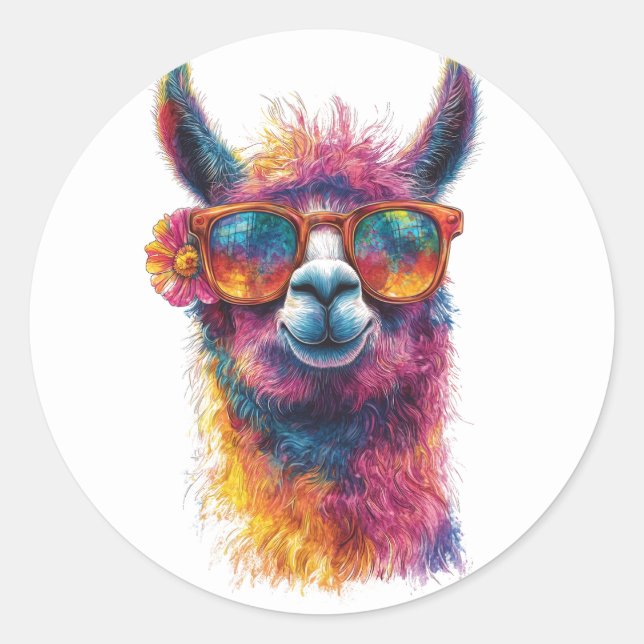 Vibrant Llama Head Illustration – Colorful, Unique Classic Round Sticker (Front)