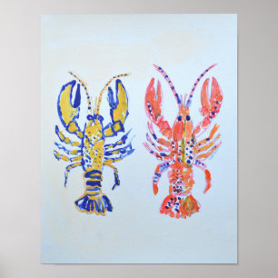 Vibrant Lobster Pair Folk Art Poster
