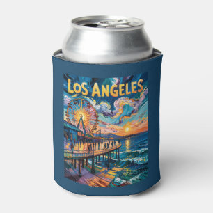 Vibrant Los Angeles Pier Sunset Van Gogh Vintage Can Cooler
