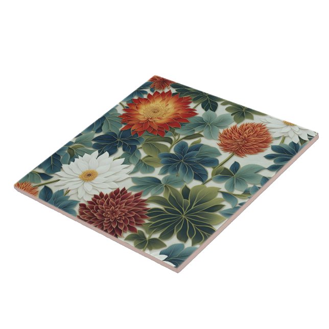 Vibrant Lotus and Chrysanthemum Design Ceramic Tile (Side)