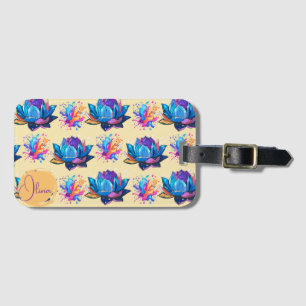 Vibrant Lotus Flower Pattern with Watercolor Splas Luggage Tag