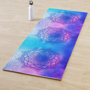 Vibrant lotus mandala pink blue pastels yoga mat