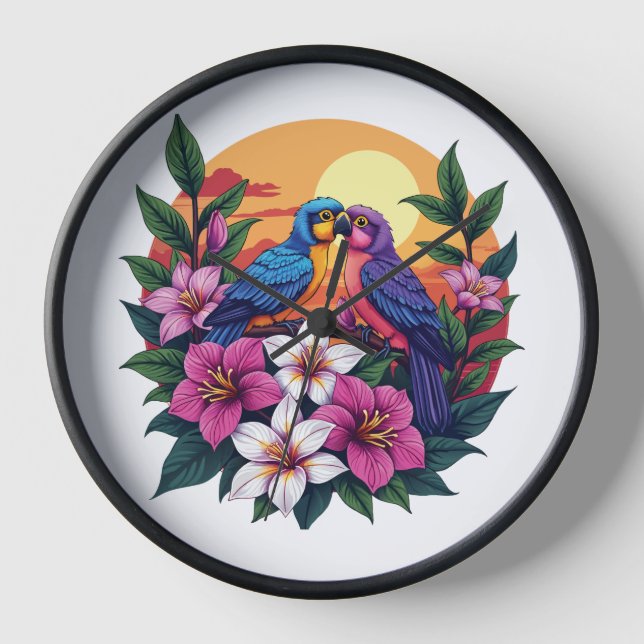 Vibrant Lovebirds at Sunset with Tropical Flowers Clock (Front)