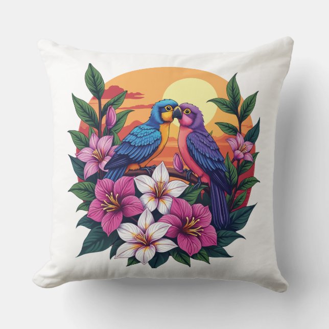 Vibrant Lovebirds at Sunset with Tropical Flowers Cushion (Front)