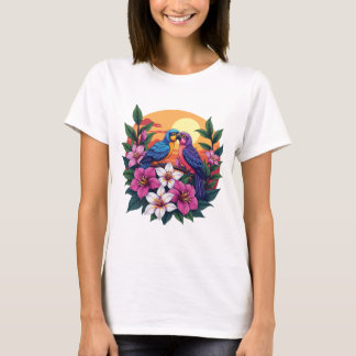 Vibrant Lovebirds at Sunset with Tropical Flowers T-Shirt