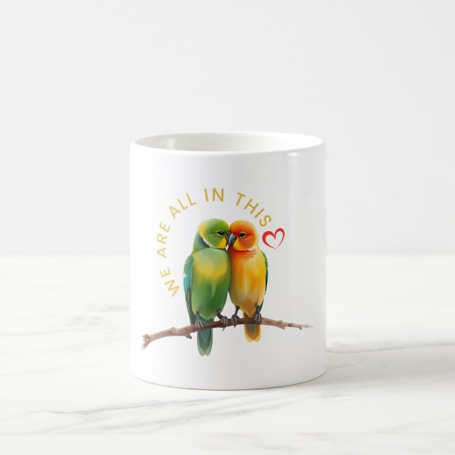 Vibrant Lovebirds & Hearts Watercolor Illustration Coffee Mug (Center)