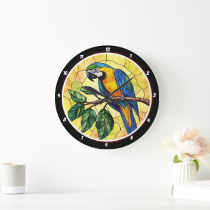 Vibrant Macaw Parrot and Tropical Leaves Design Large Clock