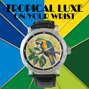 Vibrant Macaw Parrot and Tropical Leaves Design Watch