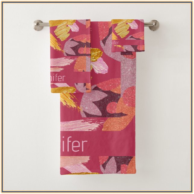 Vibrant Magenta and Gold Abstract Bath Towel Set (Creator Uploaded)
