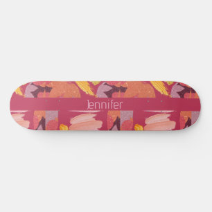 Vibrant Magenta and Gold Abstract Skateboard