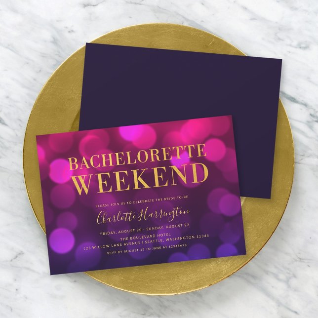 Vibrant Magenta Bokeh Lights Bachelorette Weekend Invitation (Creator Uploaded)