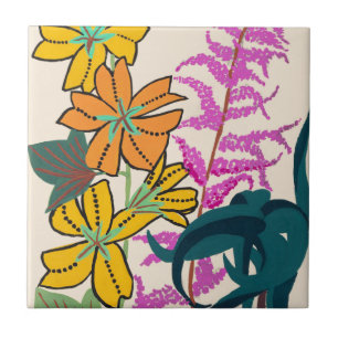 Vibrant Magenta & Orange Art Deco Flower Art Ceramic Tile