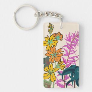 Vibrant Magenta & Orange Art Deco Flower Art Key Ring