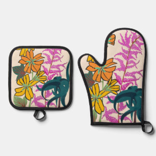 Vibrant Magenta & Orange Art Deco Flower Art Oven Mitt & Pot Holder Set