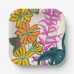 Vibrant Magenta & Orange Art Deco Flower Art Paper Plate