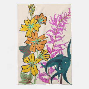 Vibrant Magenta & Orange Art Deco Flower Art Tea Towel