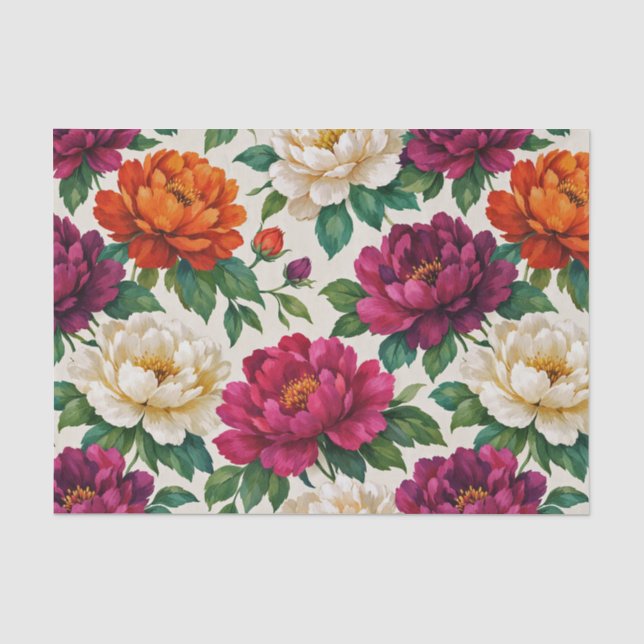 Vibrant Magenta Orange Peony Floral Pattern Tissue Paper (Front)