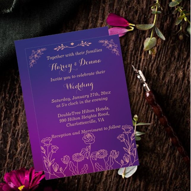Vibrant Magenta Purple with lined floral Wedding Invitation (Creator Uploaded)
