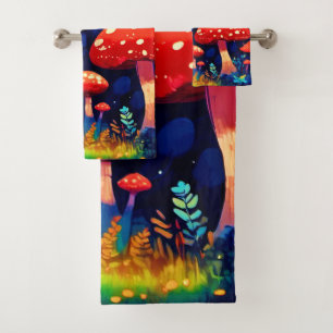 Vibrant Magic Mushroom Forest Art Bath Towel Set