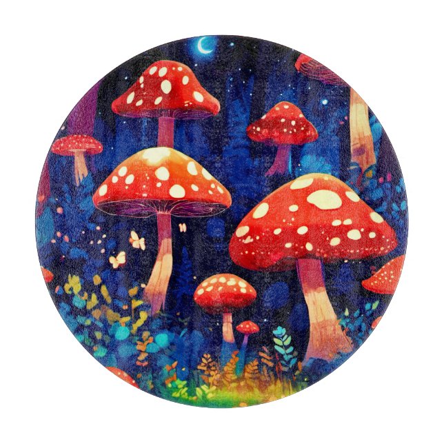 Vibrant Magic Mushroom Forest Art Cutting Board (Front)