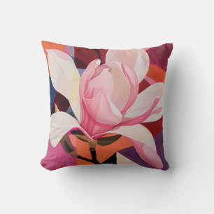 Vibrant Magnolia Bloom in Geometric Light Cushion